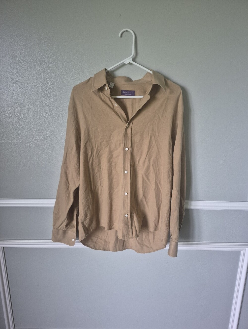 Ralph Lauren Purple Label Tan Cotton Cashmere Long Sleeve Shirt Size Large 16.5